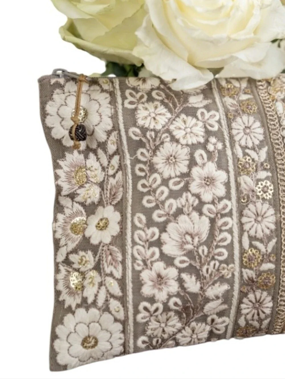 April Cornell Bel Canto Embroidered Mocha Pouch NWT
